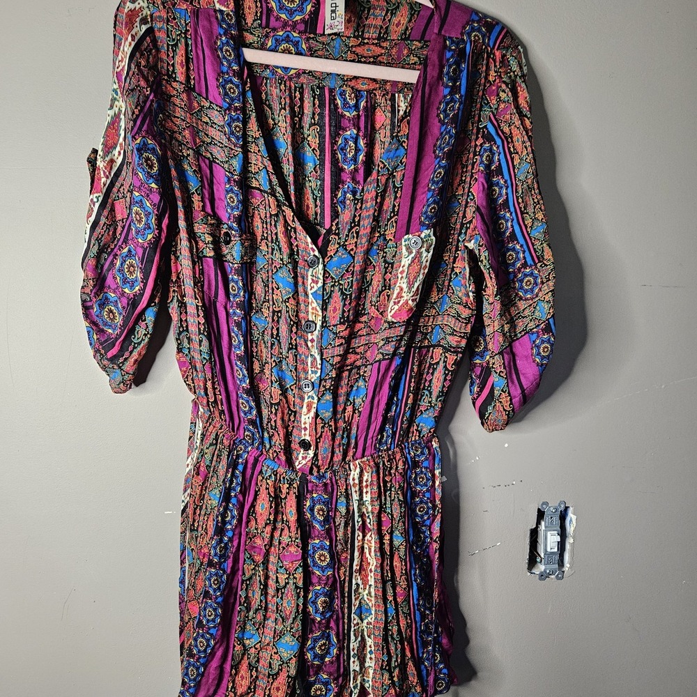 mimi chica Paisley Mini Dress Multicolor Button Front V-Neck Elastic Waist M